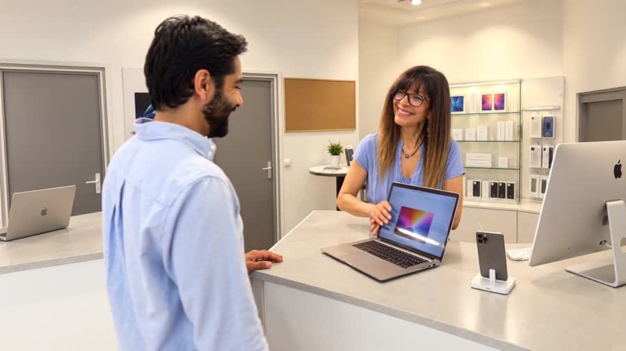 Julie conseille un client en boutique